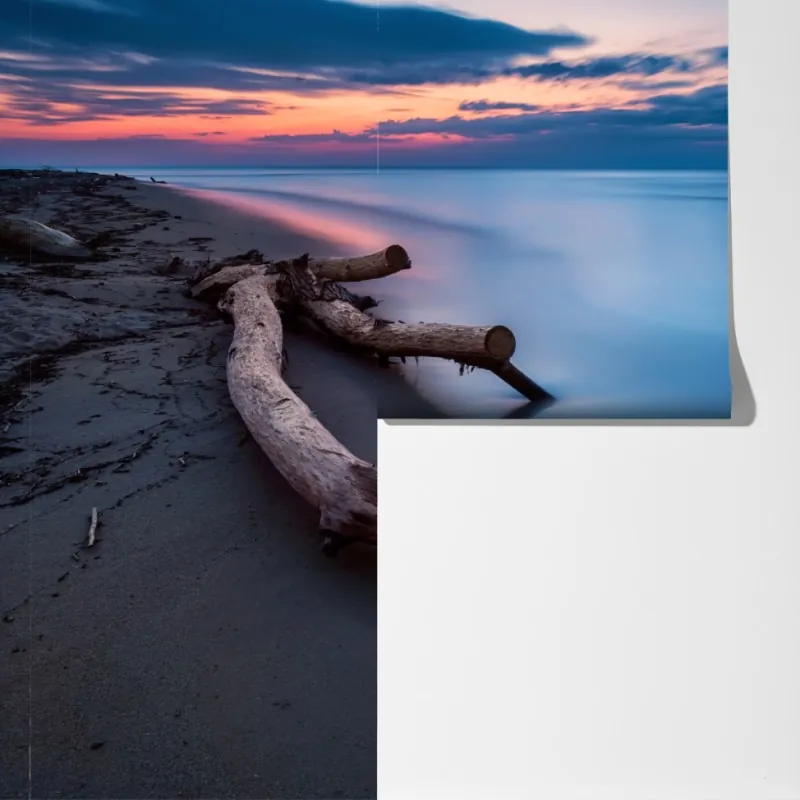 Fototapeta dryfujące drewno o zmierzchu na spokojnej plaży – Wallissimo® Fototapeta dryfujące drewno o zmierzchu na spokojnej plaży – Wallissimo®