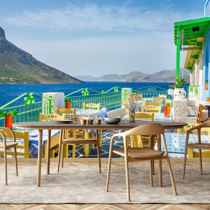 Fototapeta słoneczny taras nadmorski z widokiem na morze