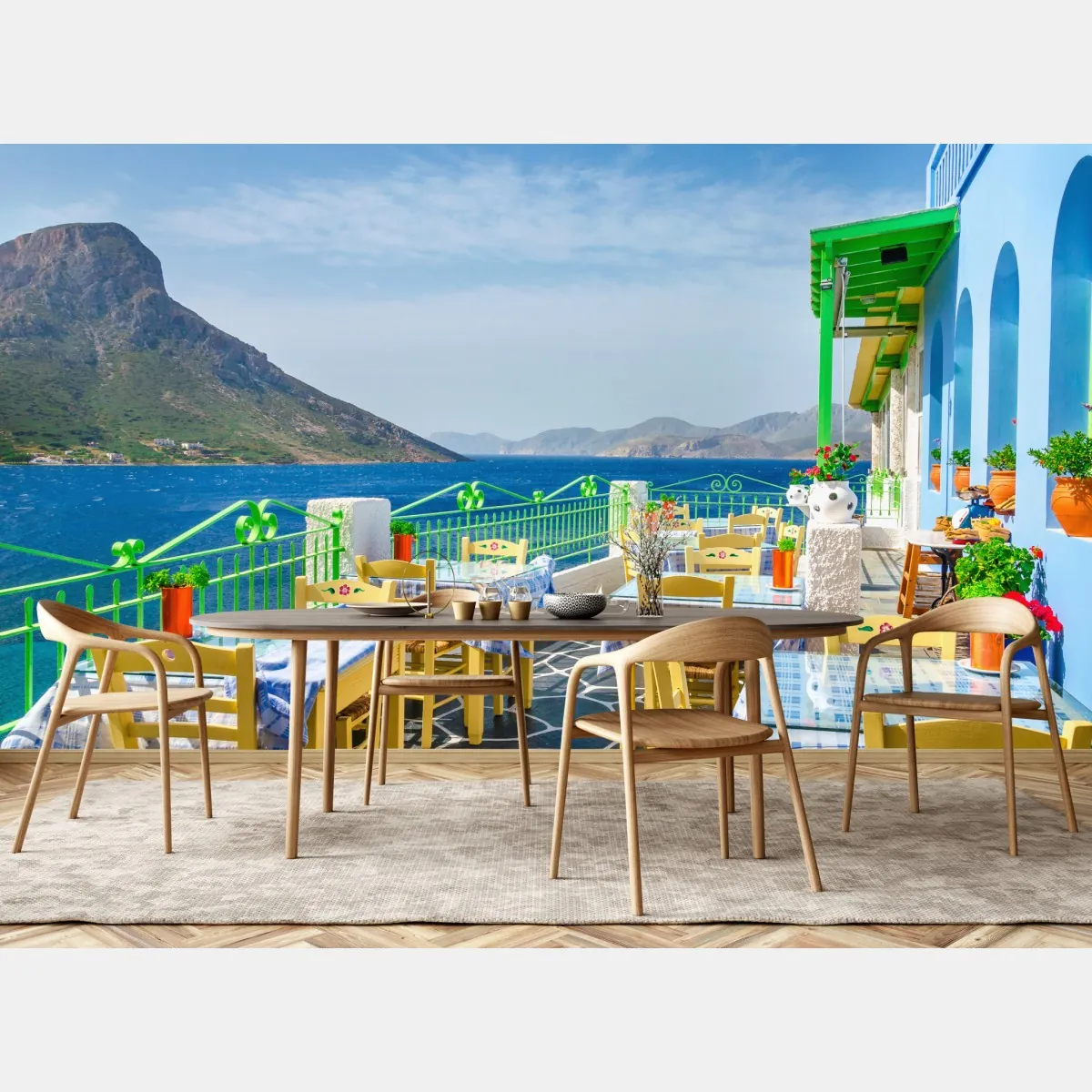 Fototapeta słoneczny taras nadmorski z widokiem na morze – Wallissimo® Fototapeta słoneczny taras nadmorski z widokiem na morze – Wallissimo®