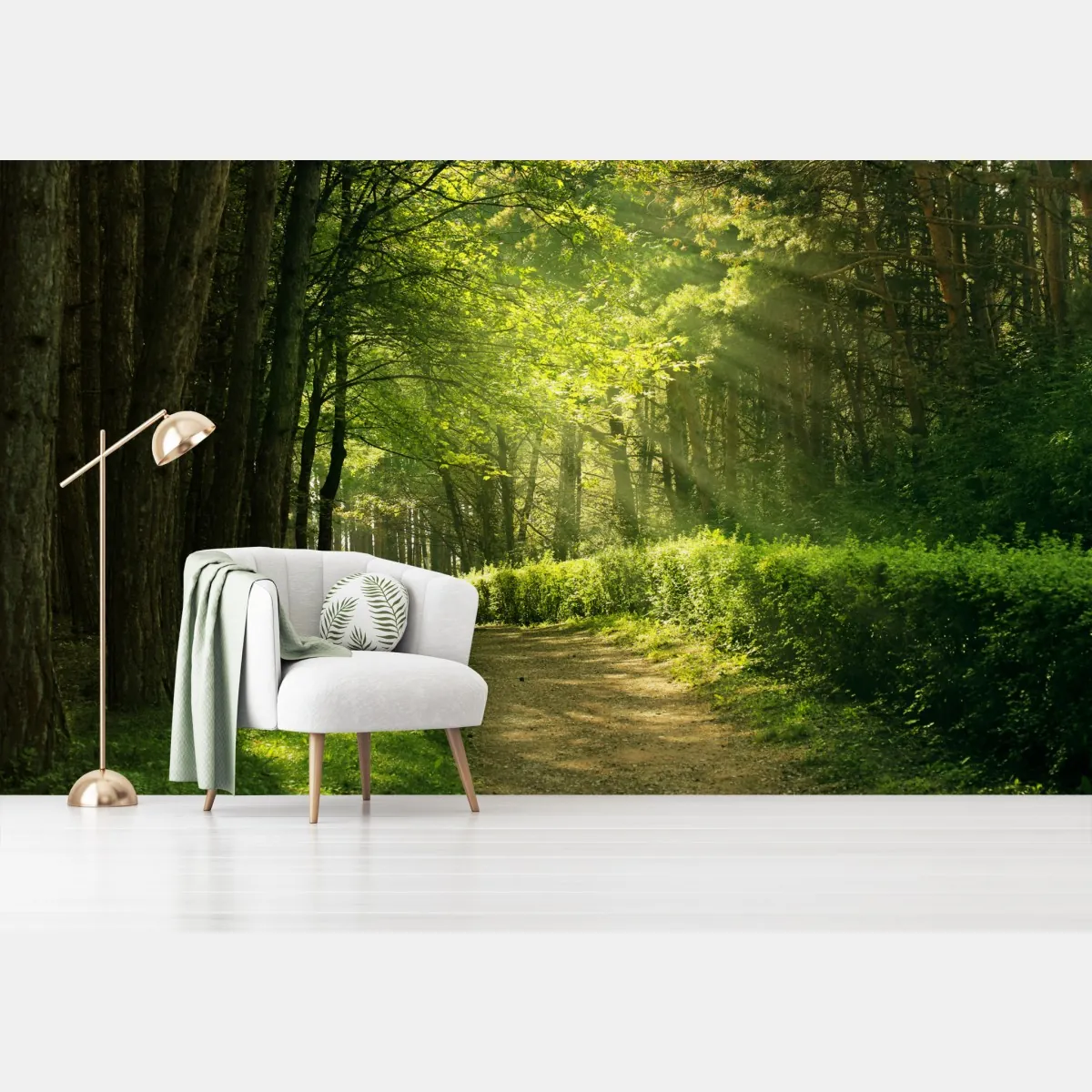 Fototapeta słoneczna leśna ścieżka w zieleni – Wallissimo® Fototapeta słoneczna leśna ścieżka w zieleni – Wallissimo®