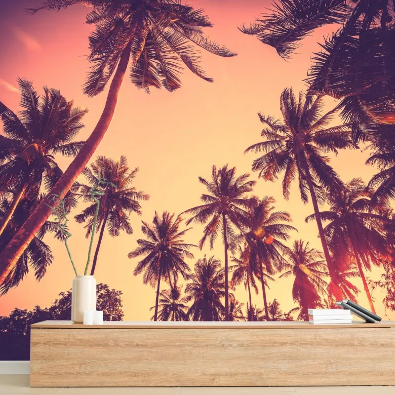 Fototapeta vintage tropikalny zachód słońca z palmami