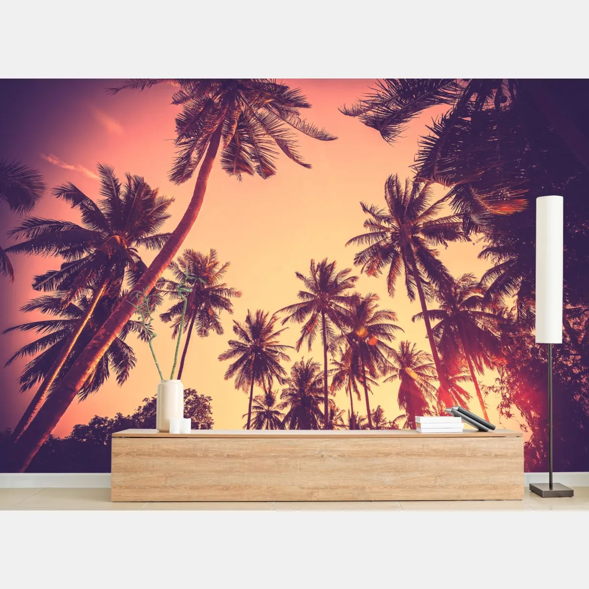 Fototapeta vintage tropikalny zachód słońca z palmami – Wallissimo® Fototapeta vintage tropikalny zachód słońca z palmami – Wallissimo®