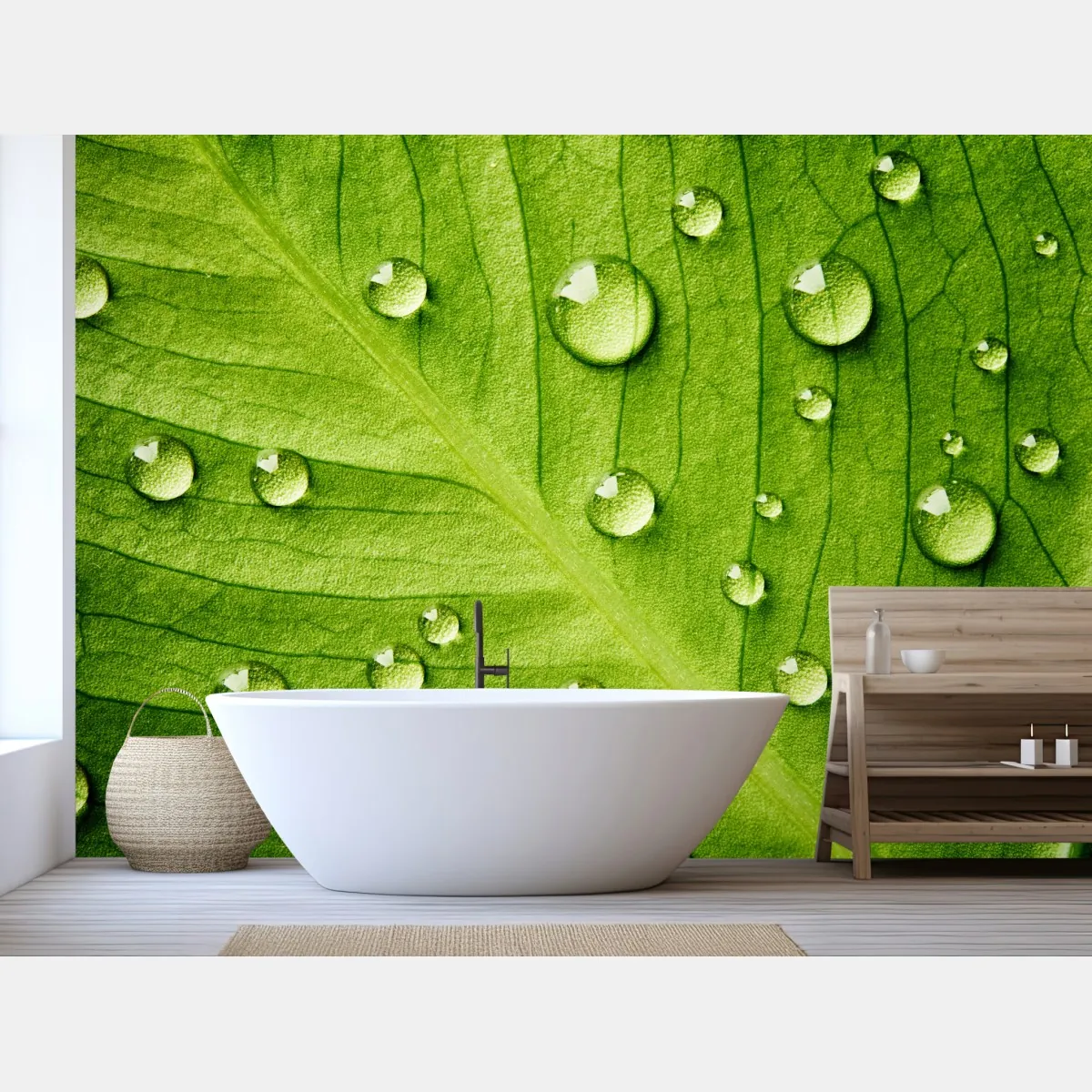 Fototapeta świeży zielony liść z kroplami wody – Wallissimo® Fototapeta świeży zielony liść z kroplami wody – Wallissimo®