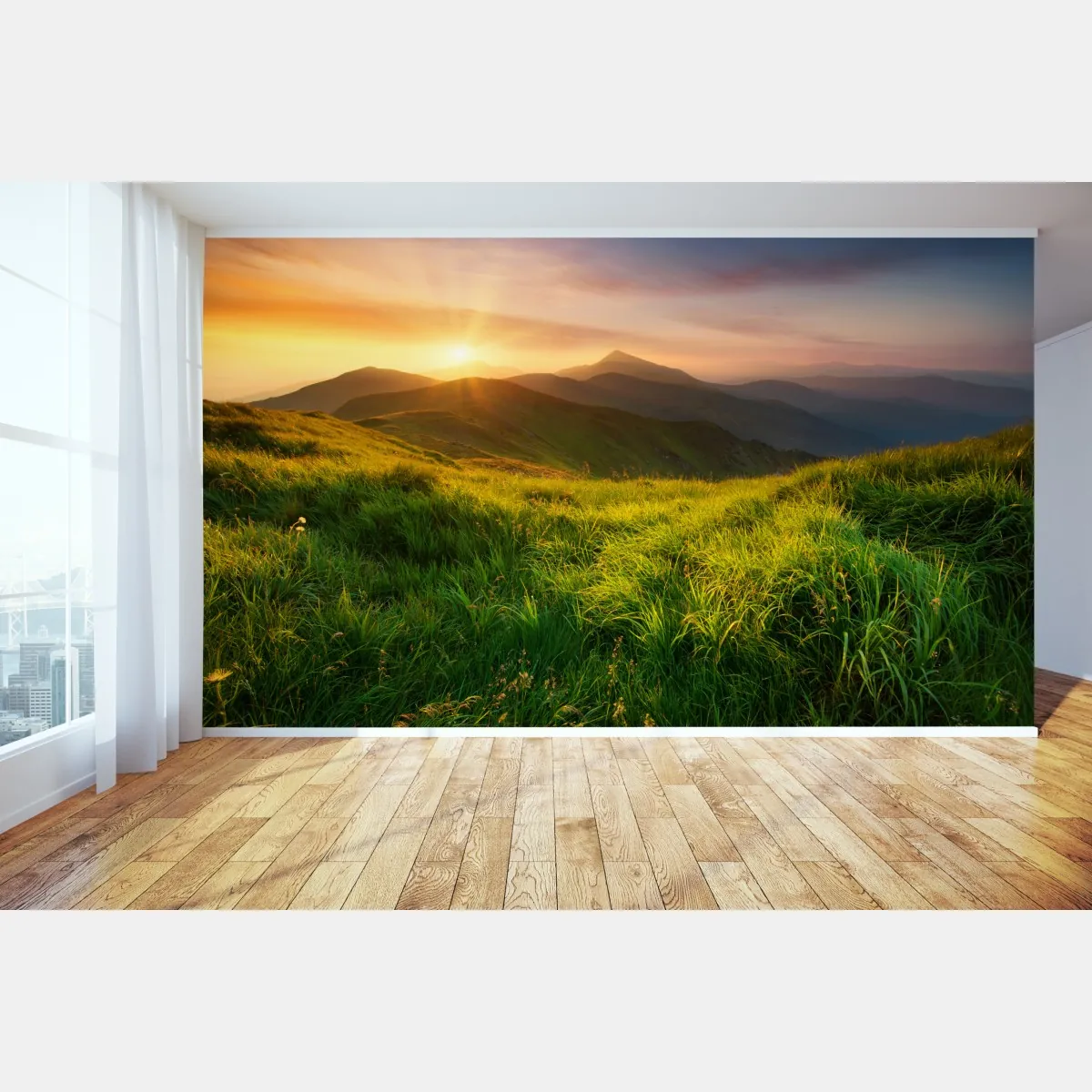 Fototapeta wschód słońca nad zieloną doliną górską – Wallissimo® Fototapeta wschód słońca nad zieloną doliną górską – Wallissimo®