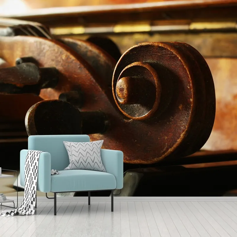 Fototapeta zabytkowa główka skrzypiec na klawiszach fortepianu