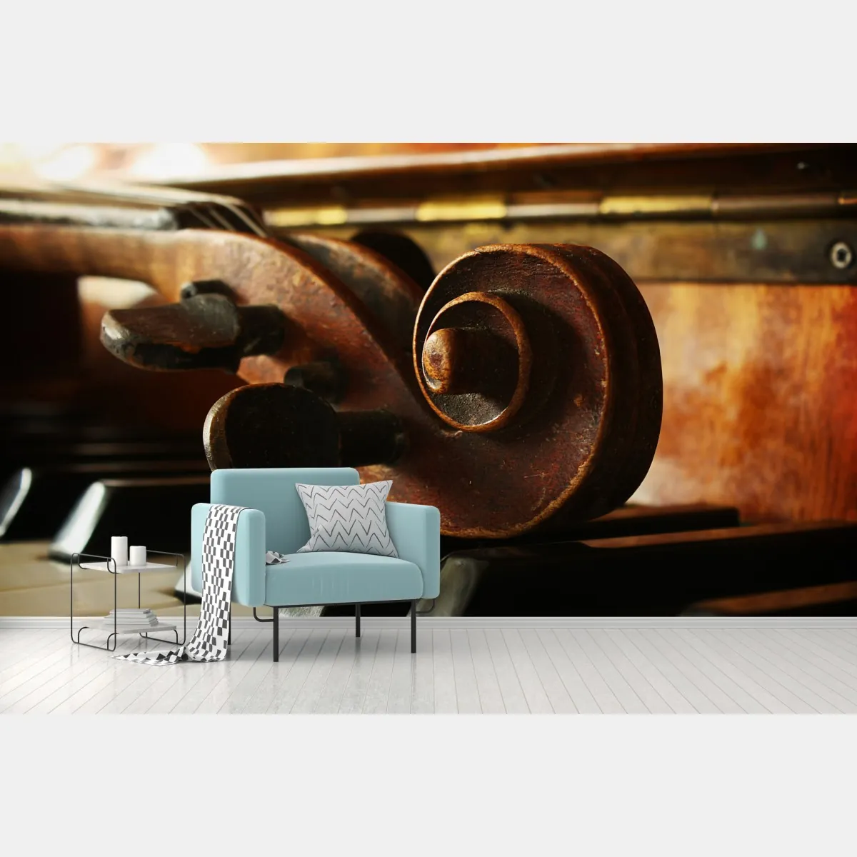 Fototapeta zabytkowa główka skrzypiec na klawiszach fortepianu – Wallissimo® Fototapeta zabytkowa główka skrzypiec na klawiszach fortepianu – Wallissimo®