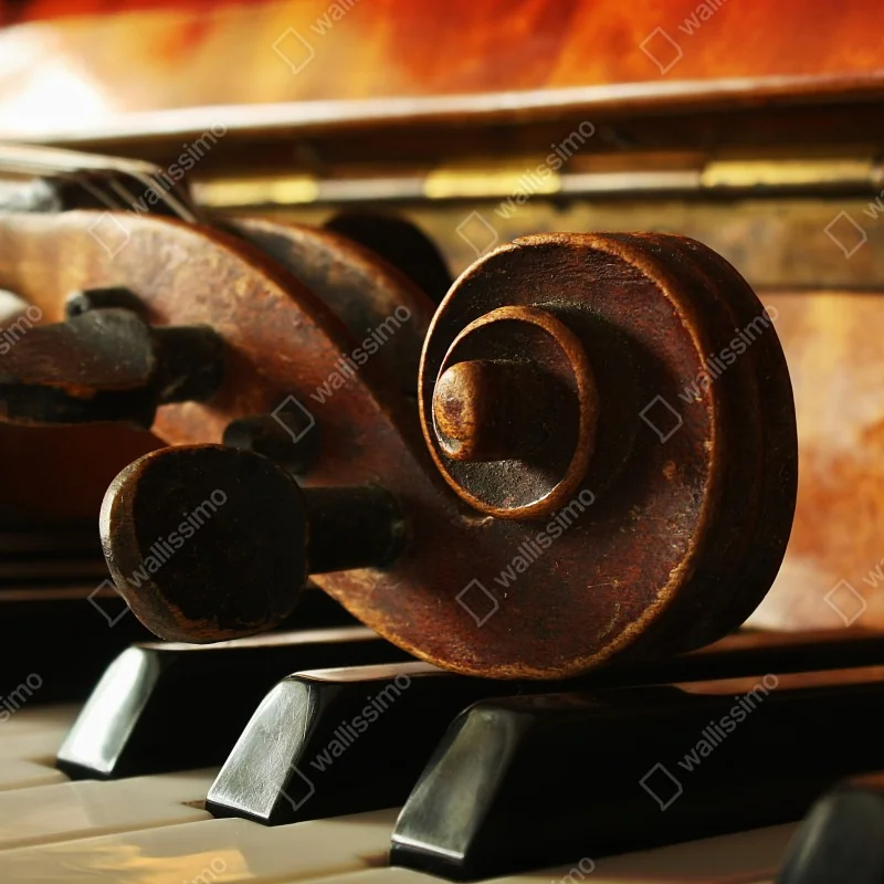 Fototapeta zabytkowa główka skrzypiec na klawiszach fortepianu – Wallissimo® Fototapeta zabytkowa główka skrzypiec na klawiszach fortepianu – Wallissimo®