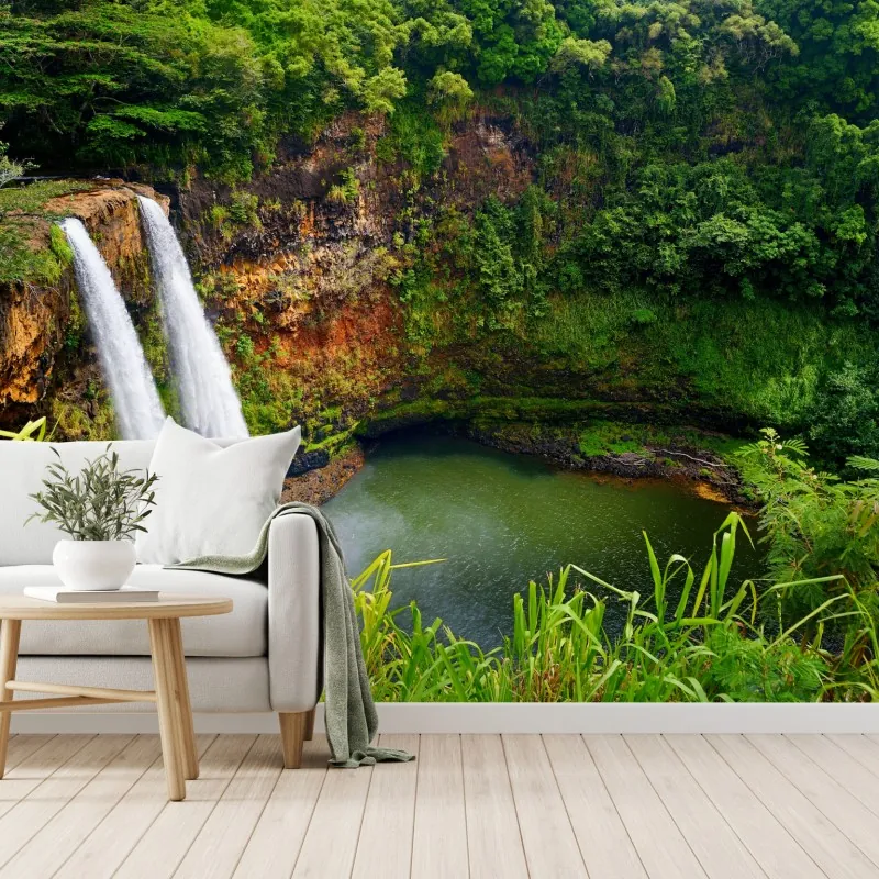 Fototapeta podwójny wodospad w bujnym zielonym lesie