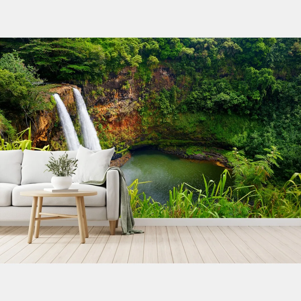 Fototapeta podwójny wodospad w bujnym zielonym lesie – Wallissimo® Fototapeta podwójny wodospad w bujnym zielonym lesie – Wallissimo®