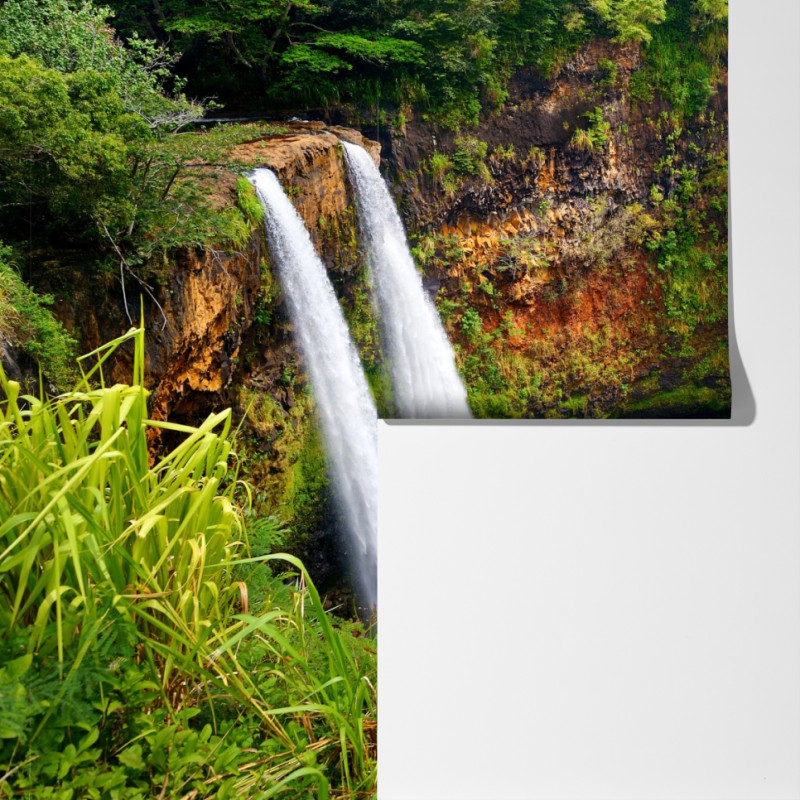 Fototapeta podwójny wodospad w bujnym zielonym lesie – Wallissimo® Fototapeta podwójny wodospad w bujnym zielonym lesie – Wallissimo®