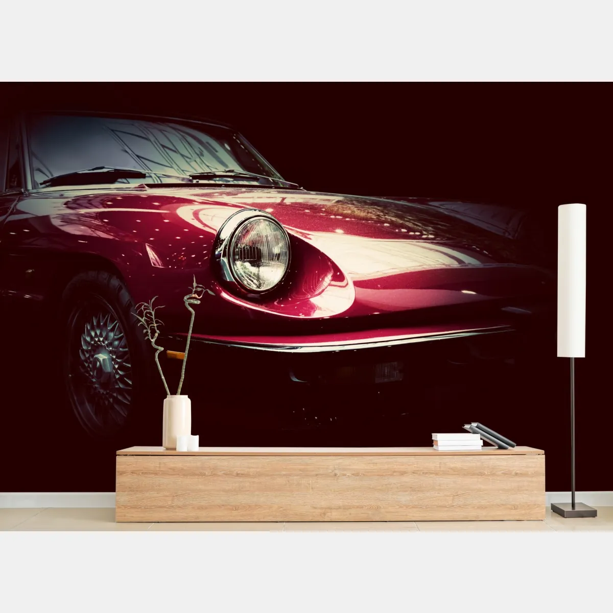 Fototapeta zbliżenie klasycznego czerwonego samochodu sportowego – Wallissimo® Fototapeta zbliżenie klasycznego czerwonego samochodu sportowego – Wallissimo®