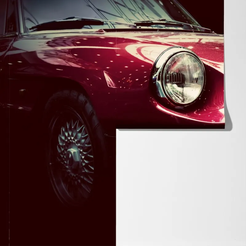 Fototapeta zbliżenie klasycznego czerwonego samochodu sportowego – Wallissimo® Fototapeta zbliżenie klasycznego czerwonego samochodu sportowego – Wallissimo®