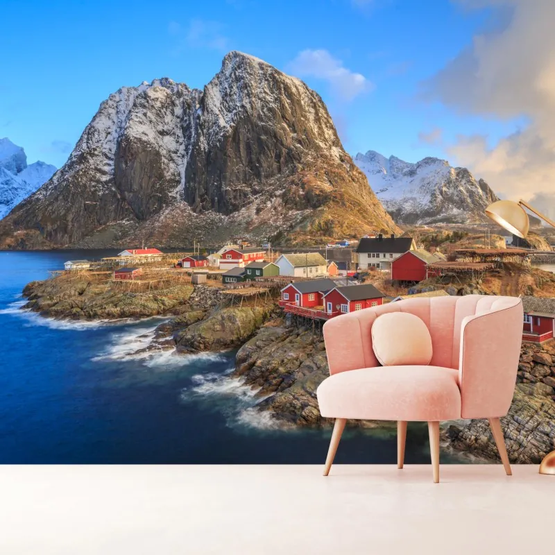 Fototapeta wioska nadbrzeżna w Norwegii z czerwonymi domkami