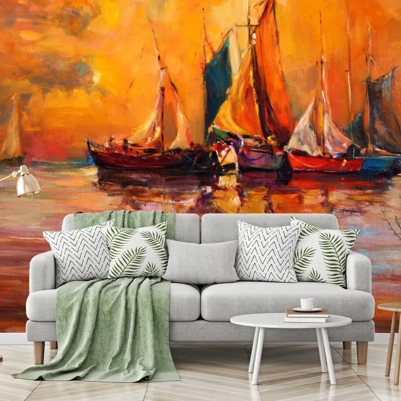 Fototapeta złoty zachód słońca nad żaglówkami