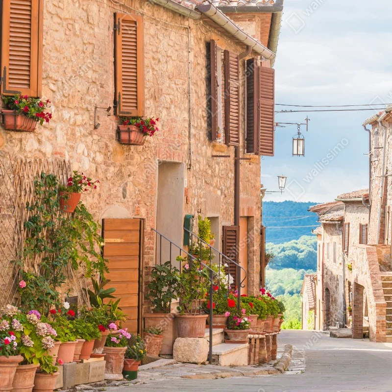 Fototapeta średniowieczna ulica w Toskanii z doniczkami z kwiatami – Wallissimo® Fototapeta średniowieczna ulica w Toskanii z doniczkami z kwiatami – Wallissimo®