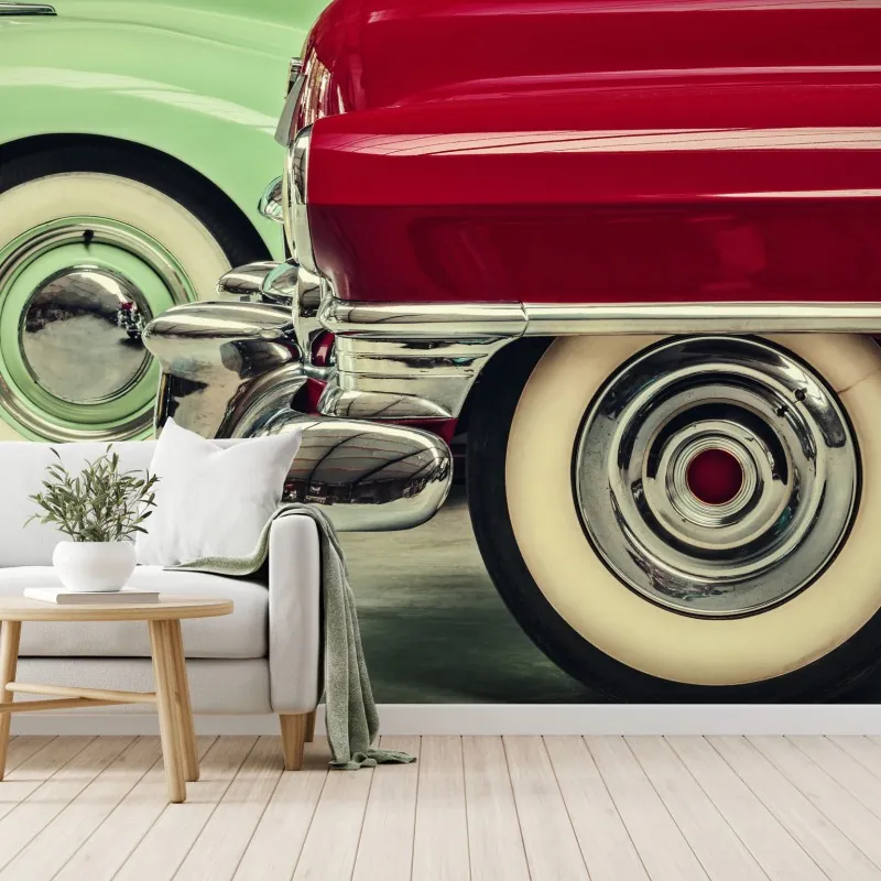 Fototapeta zbliżenie klasycznych samochodów w czerwieni i mięcie