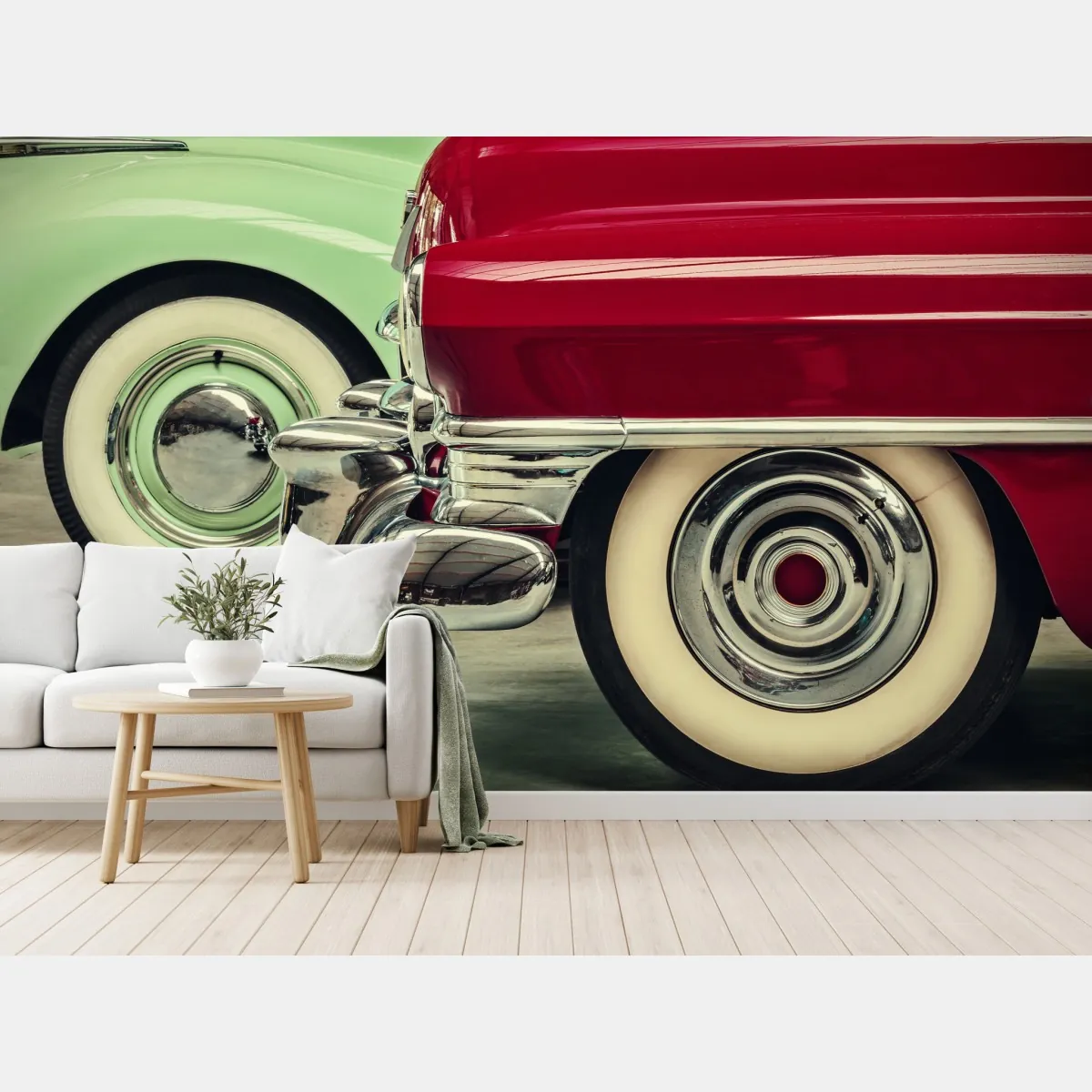 Fototapeta zbliżenie klasycznych samochodów w czerwieni i mięcie – Wallissimo® Fototapeta zbliżenie klasycznych samochodów w czerwieni i mięcie – Wallissimo®