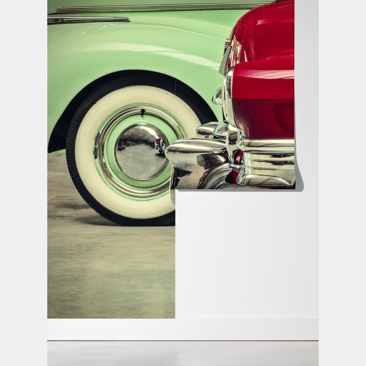 Fototapeta zbliżenie klasycznych samochodów w czerwieni i mięcie – Wallissimo® Fototapeta zbliżenie klasycznych samochodów w czerwieni i mięcie – Wallissimo®