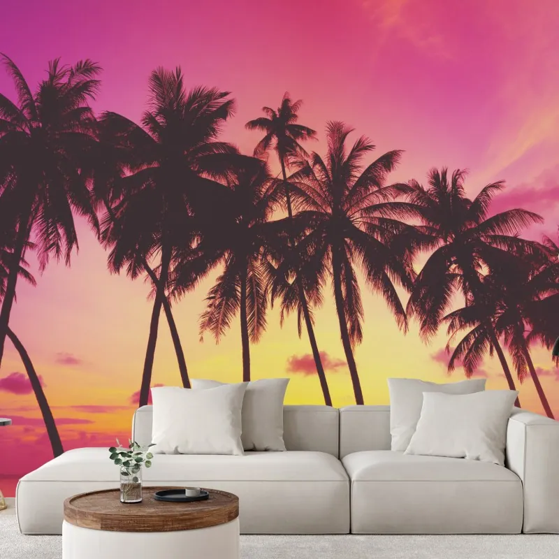 Fototapeta tropikalny zachód słońca z palmami, Tajlandia