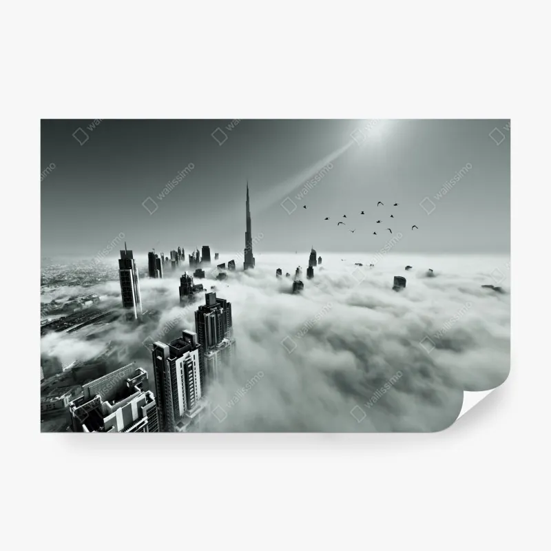 Fototapeta mglista panorama Dubaju ponad chmurami