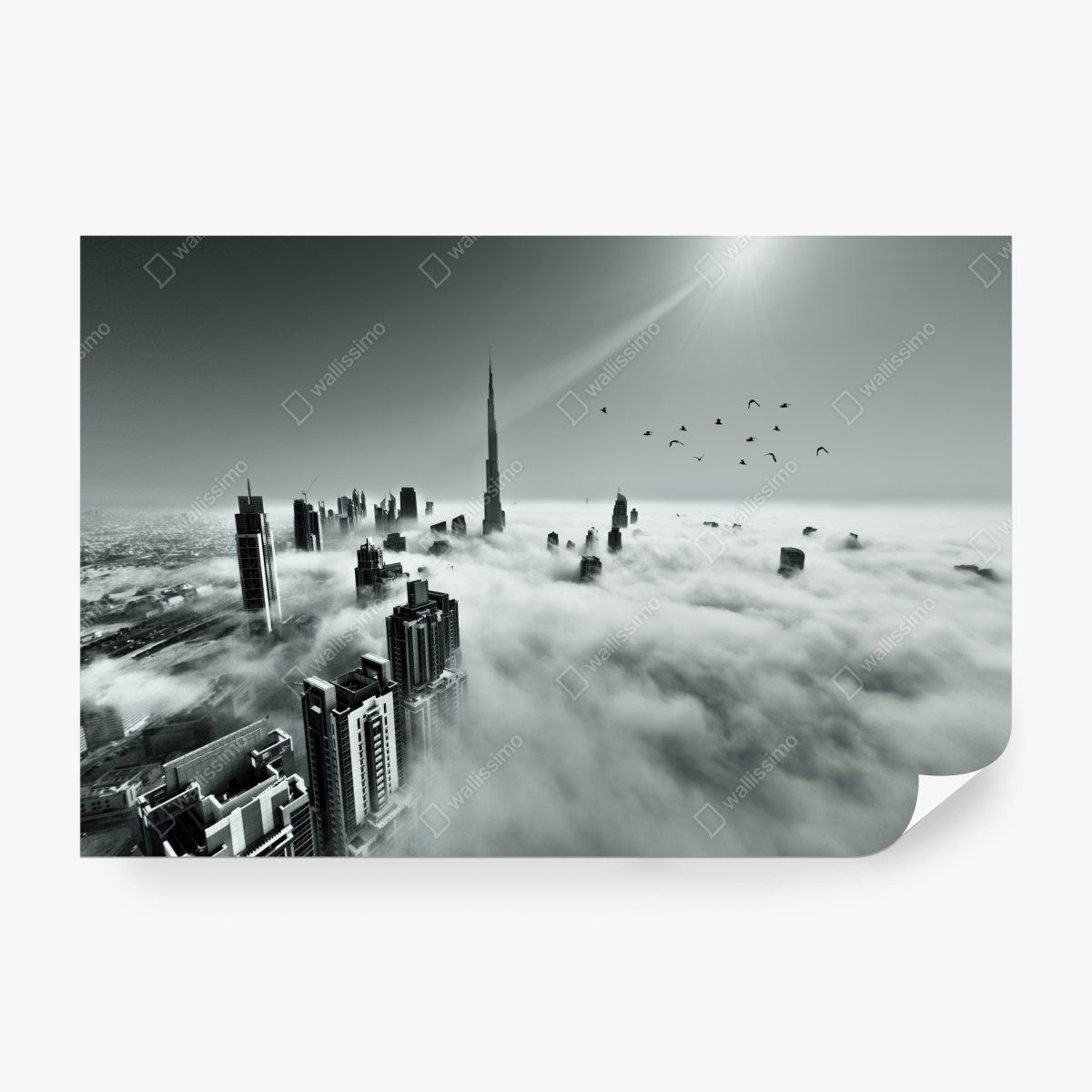 Fototapeta mglista panorama Dubaju ponad chmurami – Wallissimo® Fototapeta mglista panorama Dubaju ponad chmurami – Wallissimo®