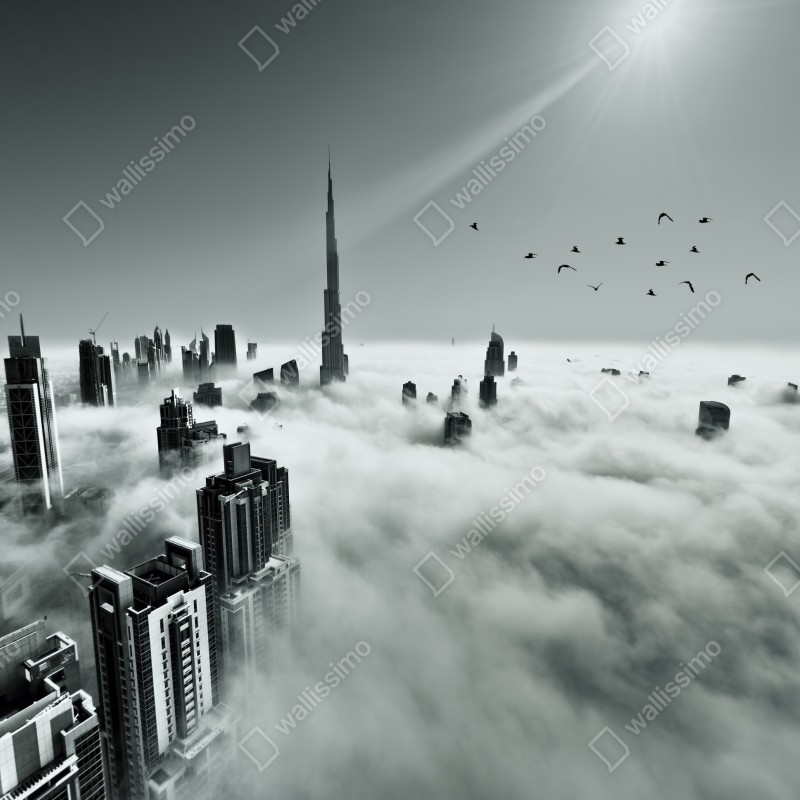 Fototapeta mglista panorama Dubaju ponad chmurami – Wallissimo® Fototapeta mglista panorama Dubaju ponad chmurami – Wallissimo®