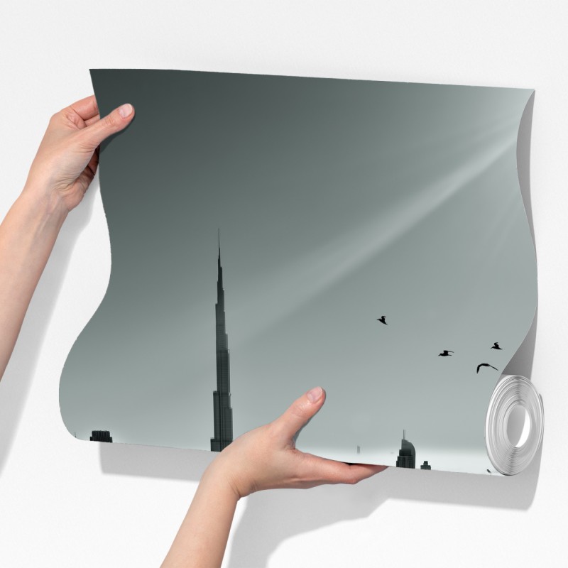 Fototapeta mglista panorama Dubaju ponad chmurami – Wallissimo® Fototapeta mglista panorama Dubaju ponad chmurami – Wallissimo®