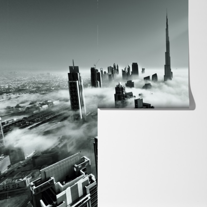 Fototapeta mglista panorama Dubaju ponad chmurami – Wallissimo® Fototapeta mglista panorama Dubaju ponad chmurami – Wallissimo®