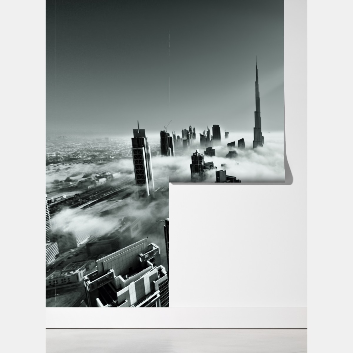 Fototapeta mglista panorama Dubaju ponad chmurami – Wallissimo® Fototapeta mglista panorama Dubaju ponad chmurami – Wallissimo®