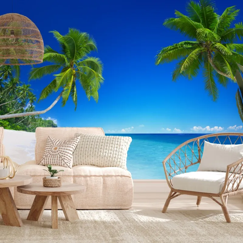 Fototapeta tropikalna plaża z palmami – Wallissimo® Fototapeta tropikalna plaża z palmami – Wallissimo®