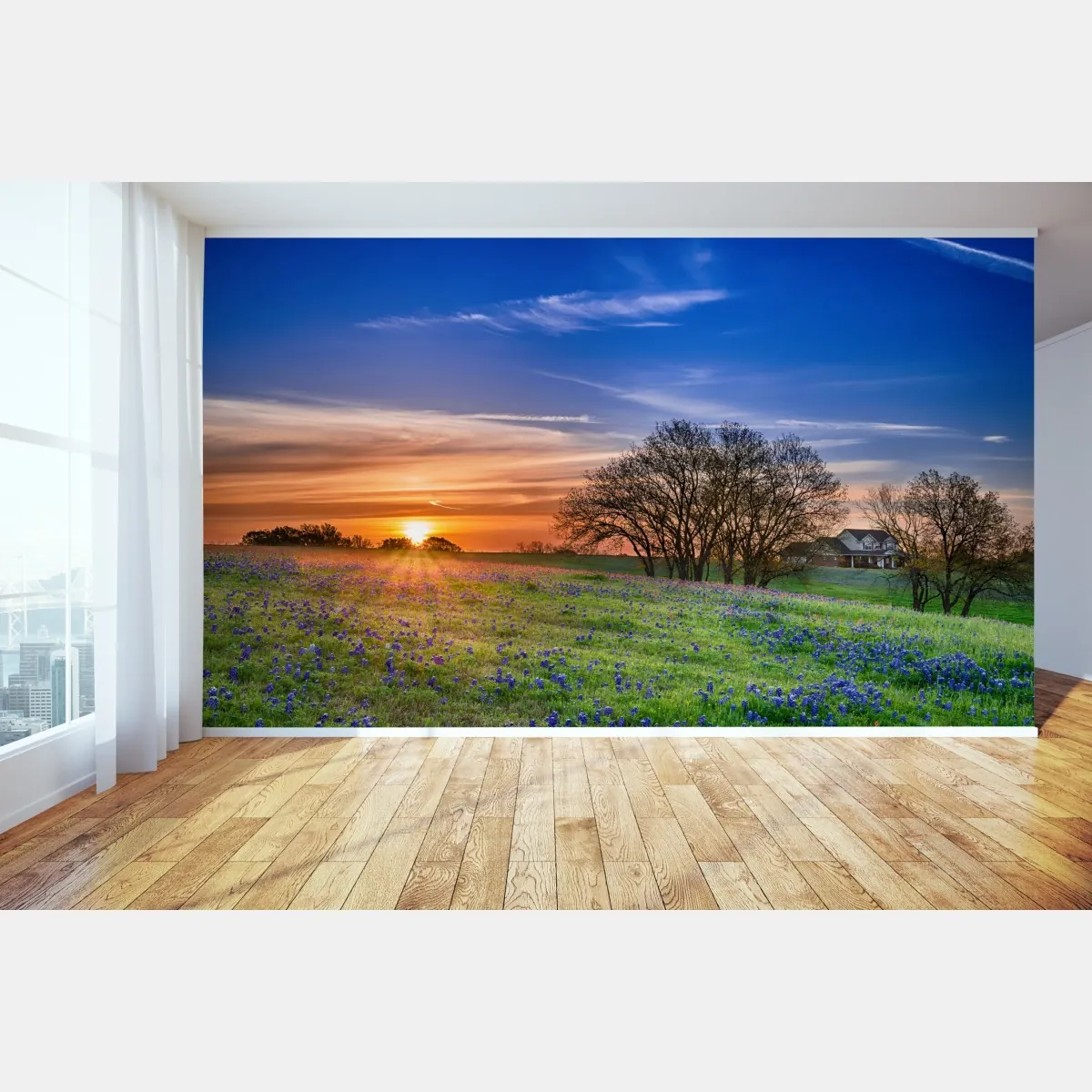 Fototapeta Teksas łąka bluebonnetów o wschodzie słońca – Wallissimo® Fototapeta Teksas łąka bluebonnetów o wschodzie słońca – Wallissimo®