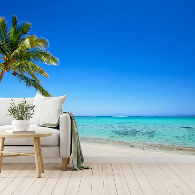 Fototapeta tropikalna plaża z palmą – Wallissimo® Fototapeta tropikalna plaża z palmą – Wallissimo®