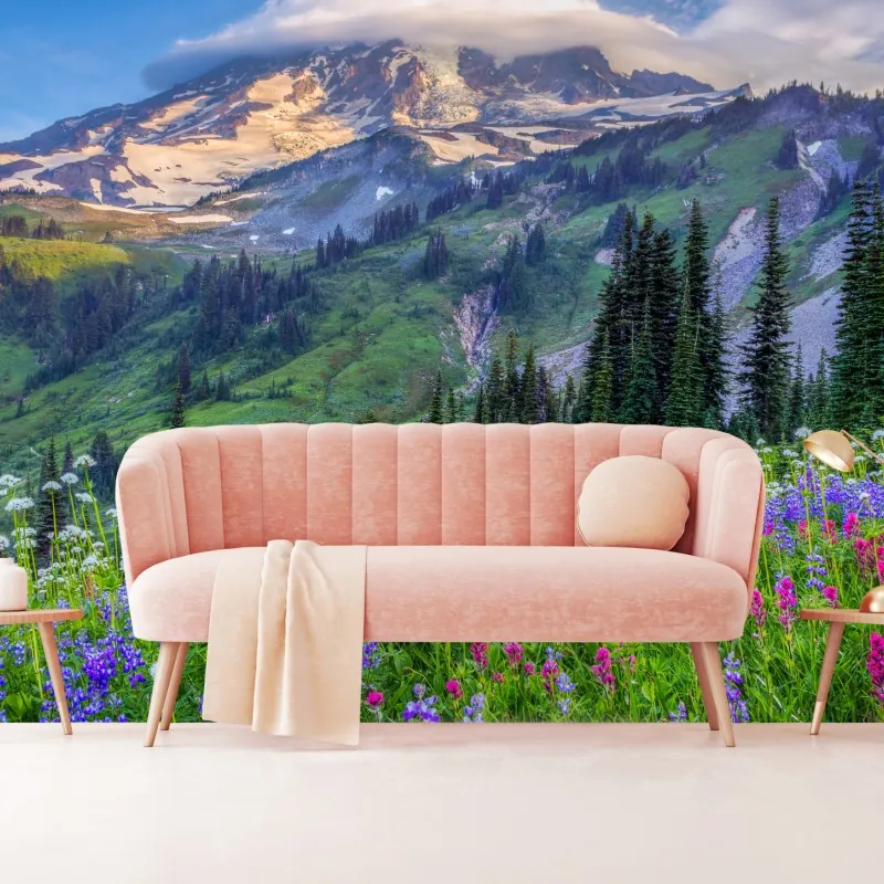 Fototapeta alpejska łąka pełna kwiatów u stóp ośnieżonych szczytów – Wallissimo® Fototapeta alpejska łąka pełna kwiatów u stóp ośnieżonych szczytów – Wallissimo®