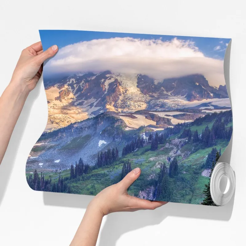 Fototapeta alpejska łąka pełna kwiatów u stóp ośnieżonych szczytów – Wallissimo® Fototapeta alpejska łąka pełna kwiatów u stóp ośnieżonych szczytów – Wallissimo®