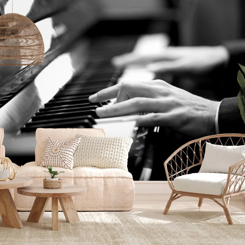 Fototapeta ręce przy klawiaturze fortepianu w czerni i bieli