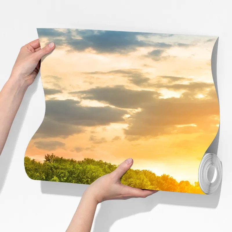 Fototapeta spokojny zachód słońca nad rzeką i zielonym lasem – Wallissimo® Fototapeta spokojny zachód słońca nad rzeką i zielonym lasem – Wallissimo®