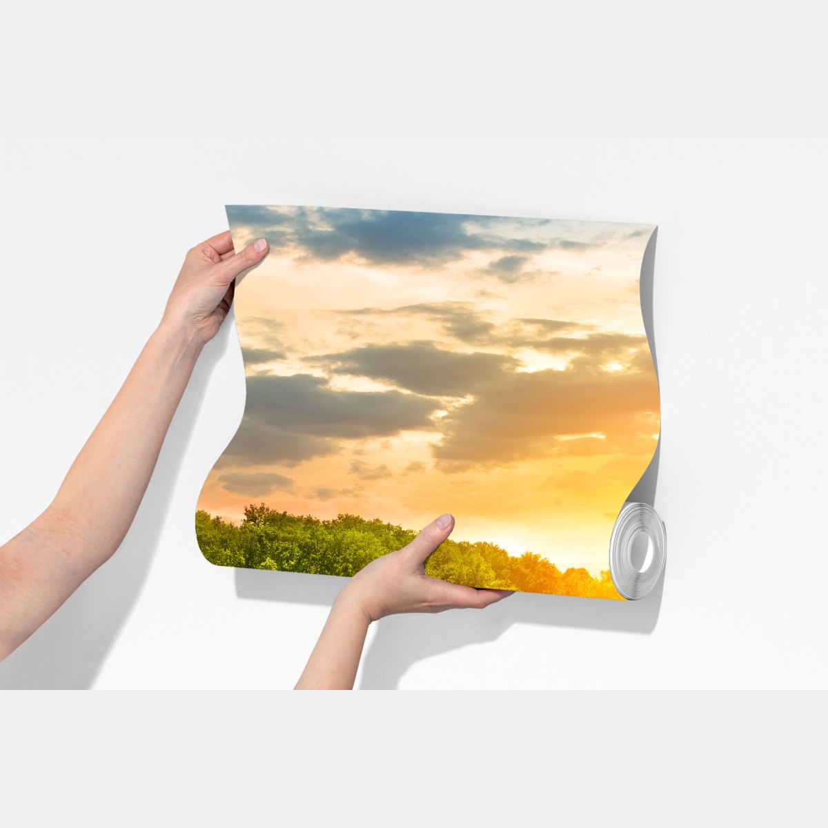 Fototapeta spokojny zachód słońca nad rzeką i zielonym lasem – Wallissimo® Fototapeta spokojny zachód słońca nad rzeką i zielonym lasem – Wallissimo®