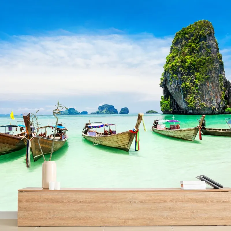 Fototapeta tropikalne łodzie longtail na turkusowej plaży