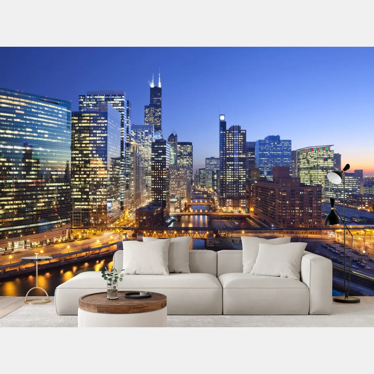 Fototapeta widok na panoramę Chicago o zmierzchu – Wallissimo® Fototapeta widok na panoramę Chicago o zmierzchu – Wallissimo®