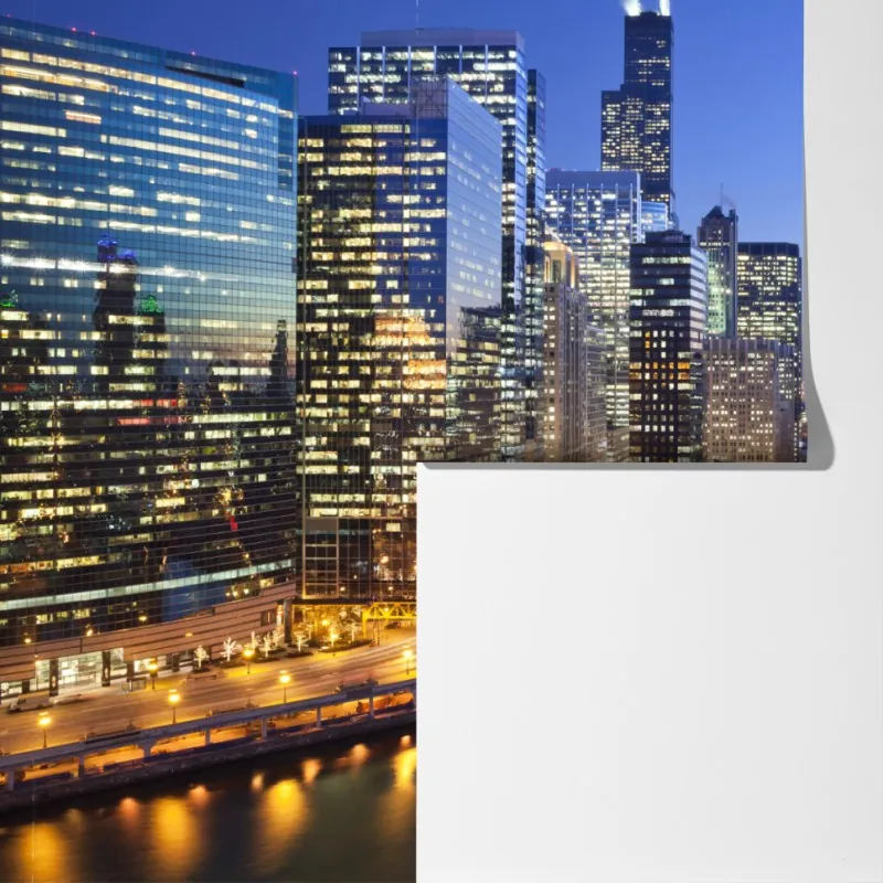 Fototapeta widok na panoramę Chicago o zmierzchu – Wallissimo® Fototapeta widok na panoramę Chicago o zmierzchu – Wallissimo®