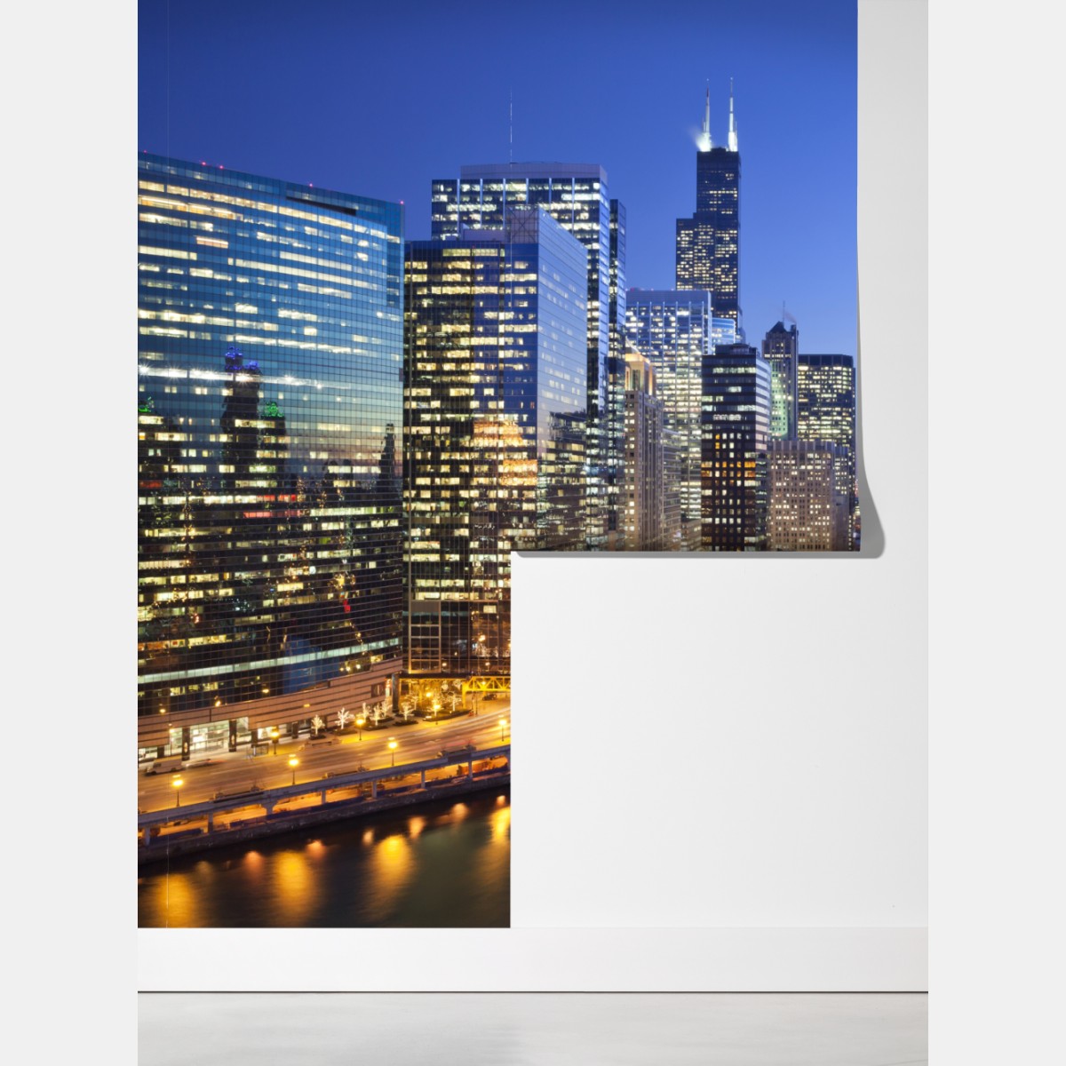 Fototapeta widok na panoramę Chicago o zmierzchu – Wallissimo® Fototapeta widok na panoramę Chicago o zmierzchu – Wallissimo®