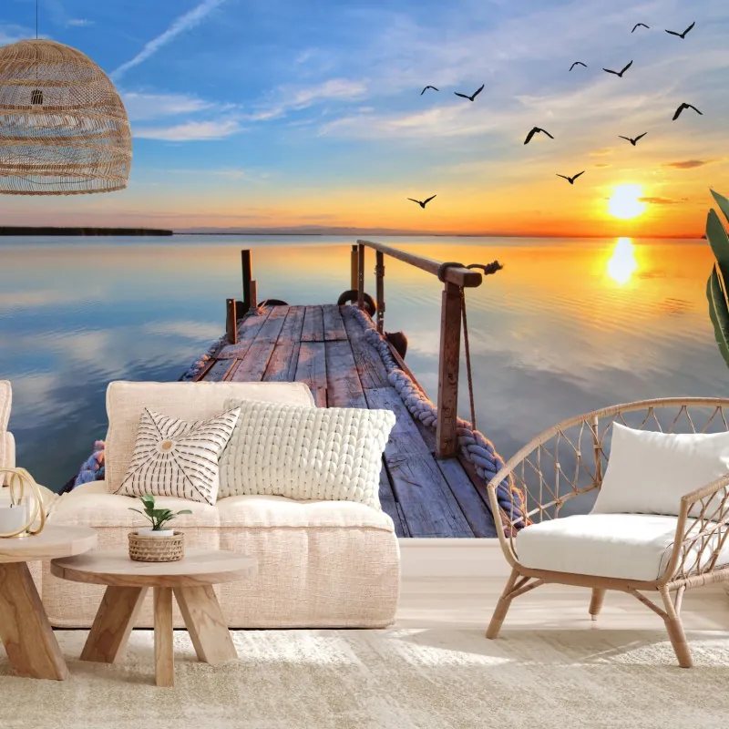 Fototapeta zachód słońca przy drewnianym pomoście – Wallissimo® Fototapeta zachód słońca przy drewnianym pomoście – Wallissimo®