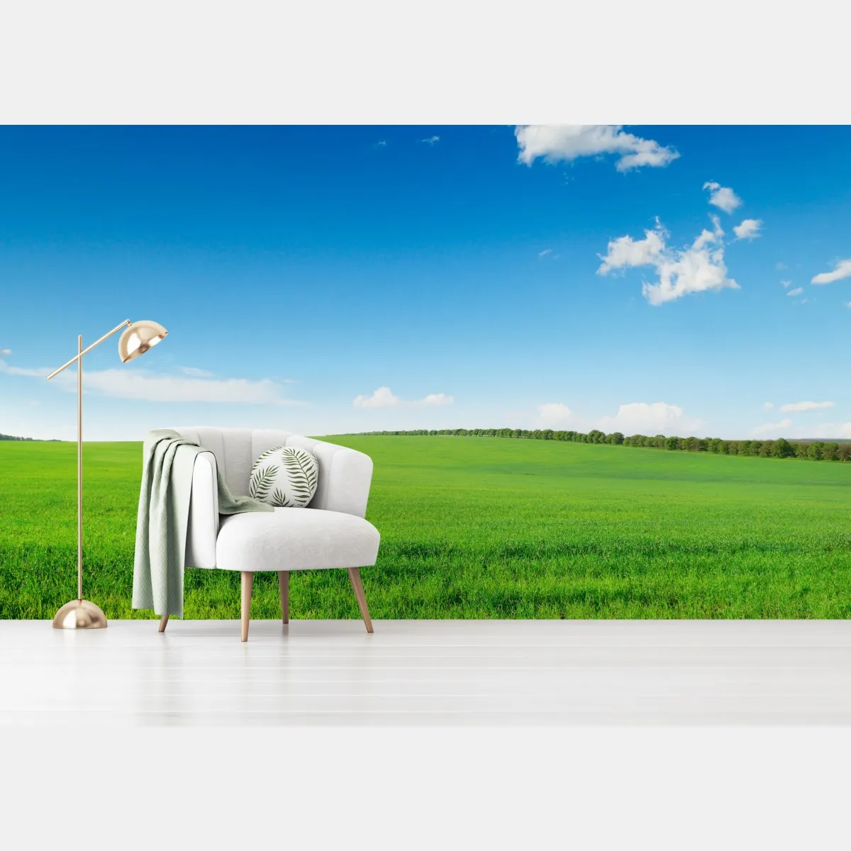 Fototapeta spokojna zielona łąka pod niebieskim niebem – Wallissimo® Fototapeta spokojna zielona łąka pod niebieskim niebem – Wallissimo®