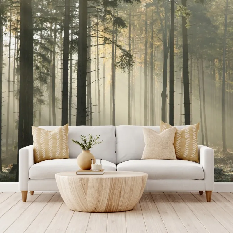 Fototapeta mglisty poranek w lesie z promieniami słońca