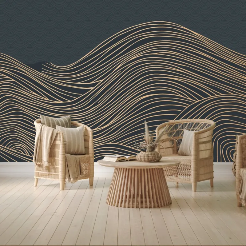 Wall mural golden wave lines with Japanese motif