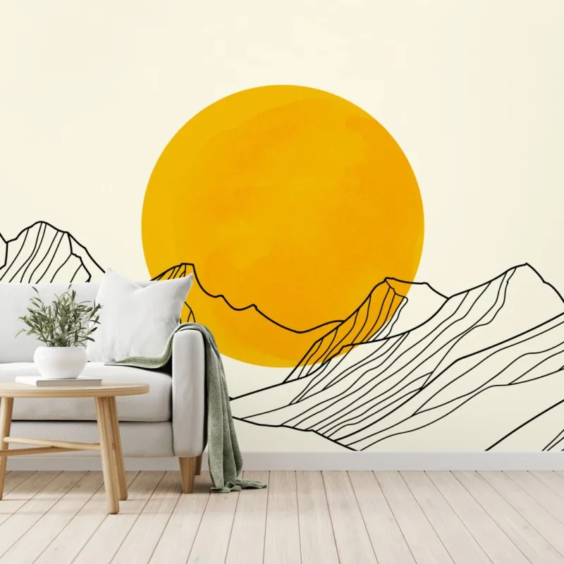 Wall mural golden sun over minimalist mountains