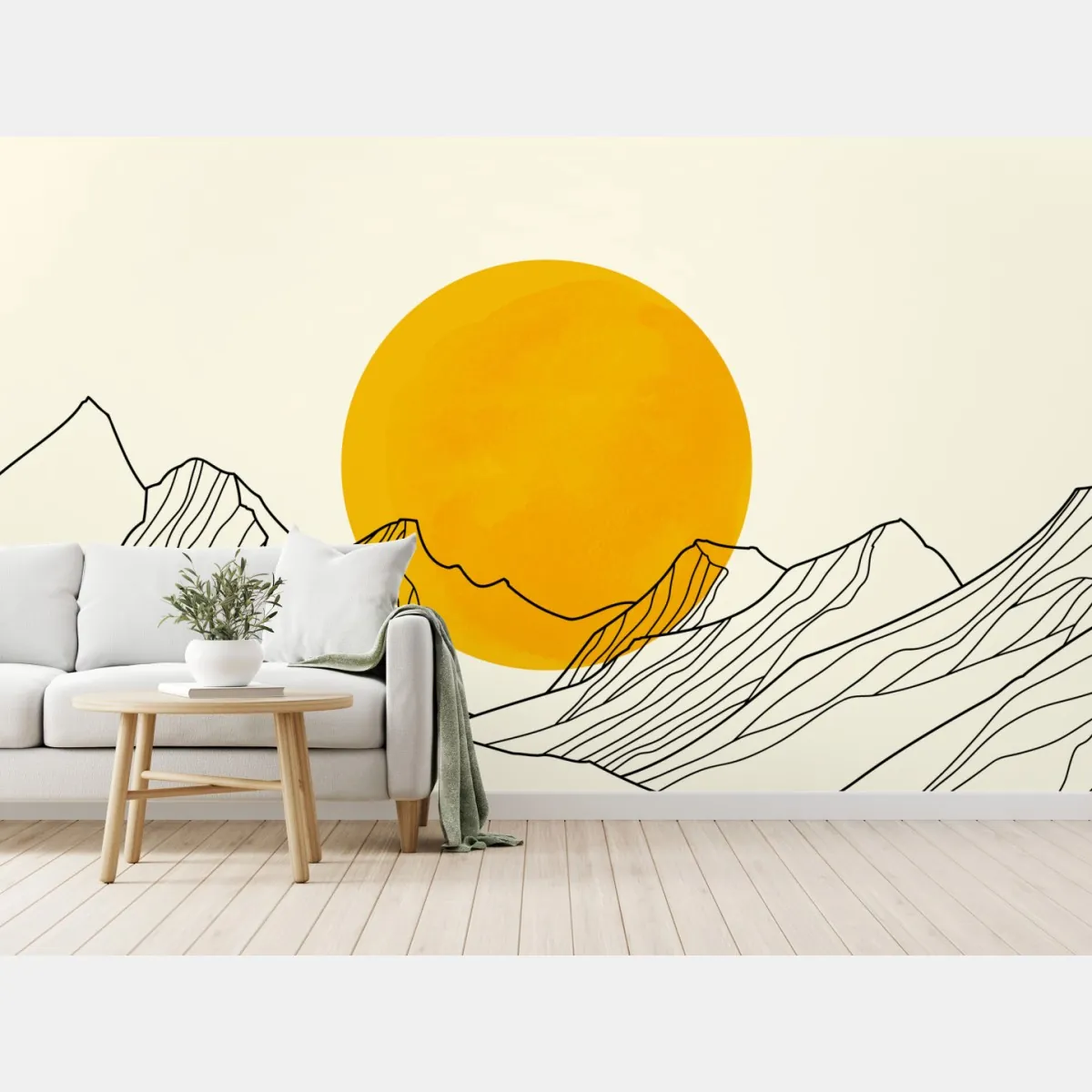 Fototapeta złote słońce nad minimalistycznymi górami – Wallissimo® Fototapeta złote słońce nad minimalistycznymi górami – Wallissimo®