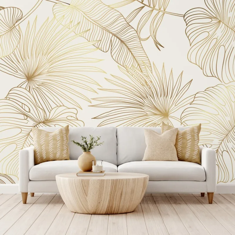 Wall mural golden tropical leaves pattern