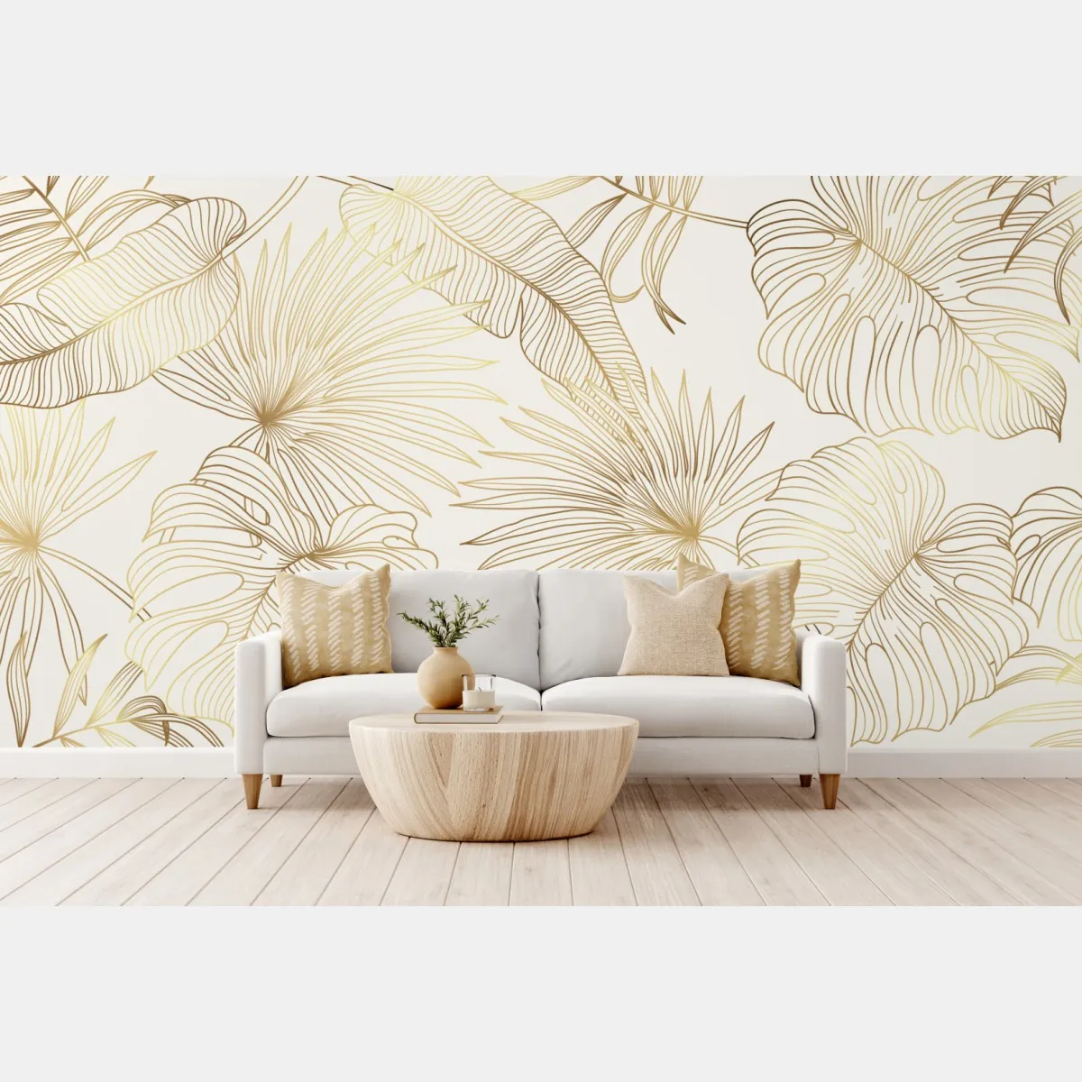 Fototapeta złote tropikalne liście na beżowym tle – Wallissimo® Fototapeta złote tropikalne liście na beżowym tle – Wallissimo®