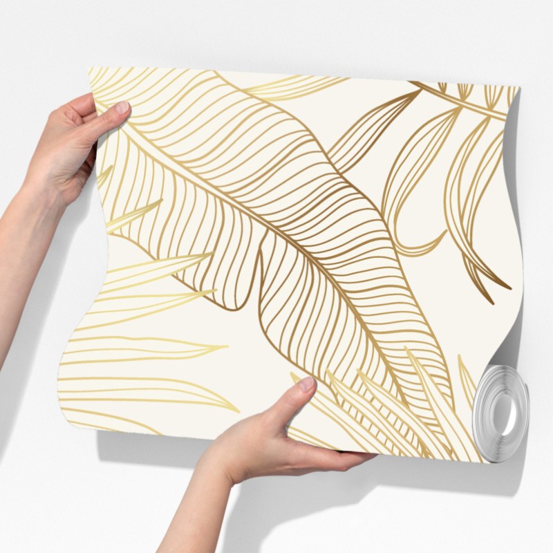 Fototapeta złote tropikalne liście na beżowym tle – Wallissimo® Fototapeta złote tropikalne liście na beżowym tle – Wallissimo®